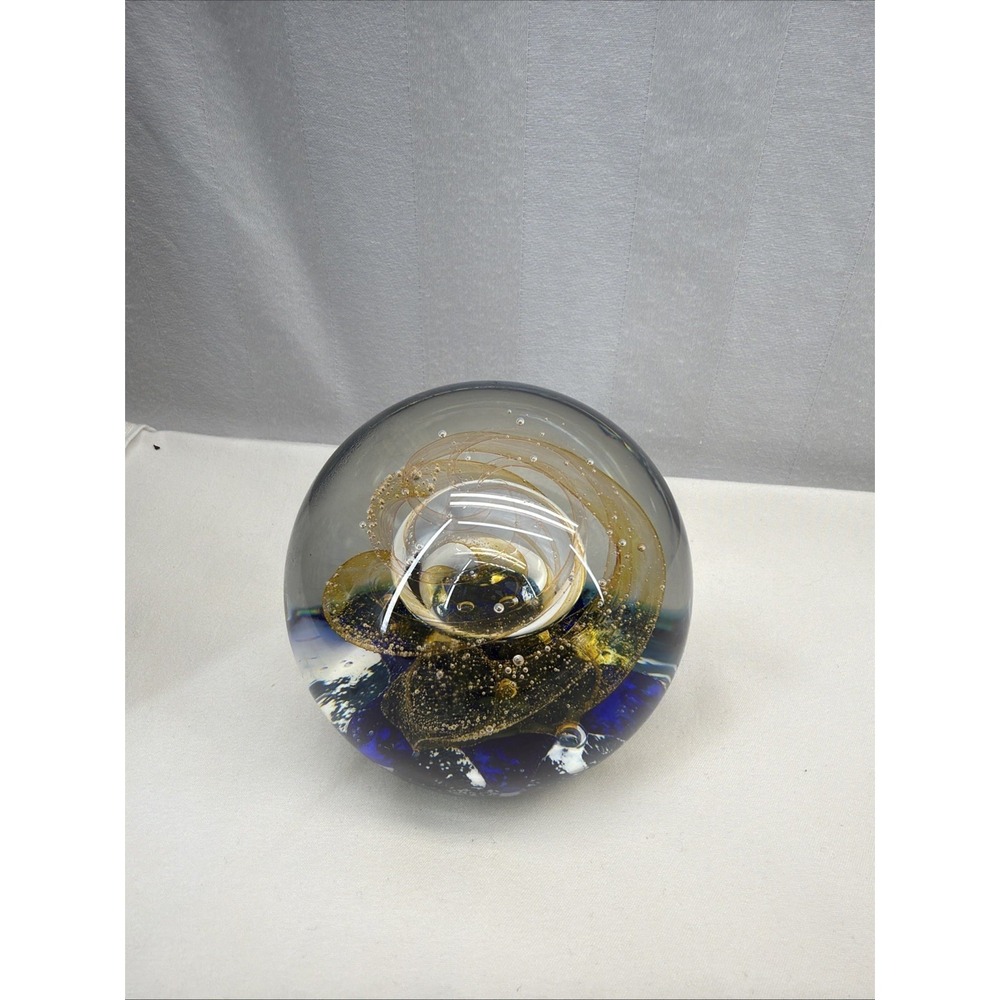 Selkirk Scotland Art Glass Bright Yellow‎ & Blue Crimp Paperweight w/ Label